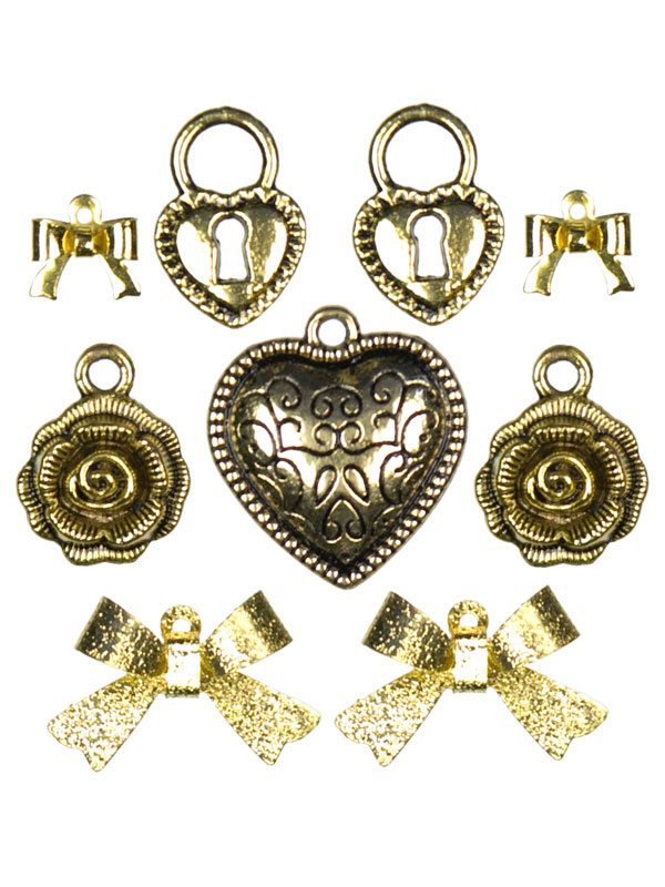 9pc Antique Gold Rose, heart, bow Metal Charms